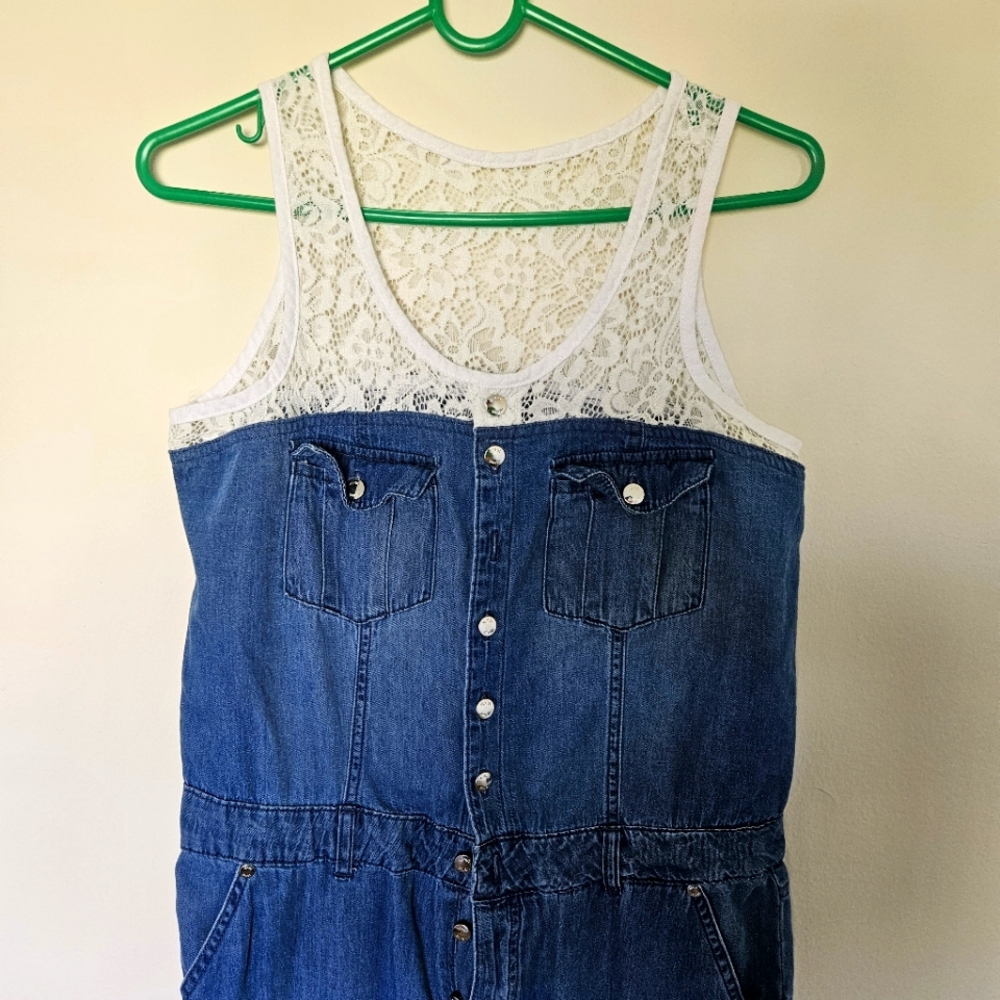 Thrifted Women's Denim Overall with White Lace Top by Venus - Size 8